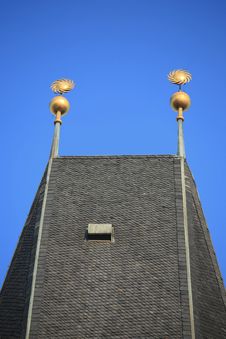 Golden Suns On Old Town Bridge Tower Roof Stock Photos Golden Suns On Old Town Bridge Tower Roof Stock Photos