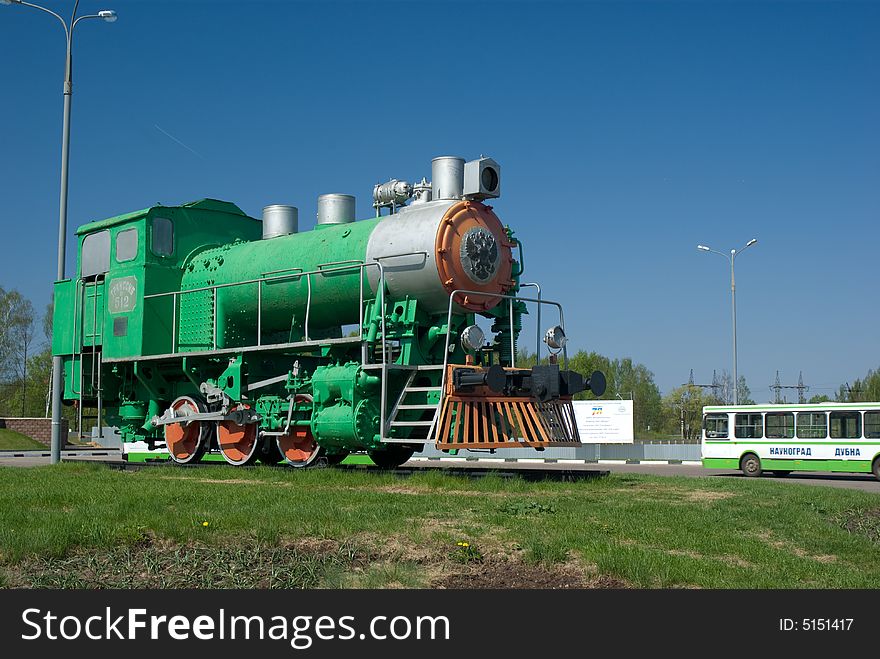 Monument to steam locomotive at railway station Big Volga. Dubna. Moscow region. Russia