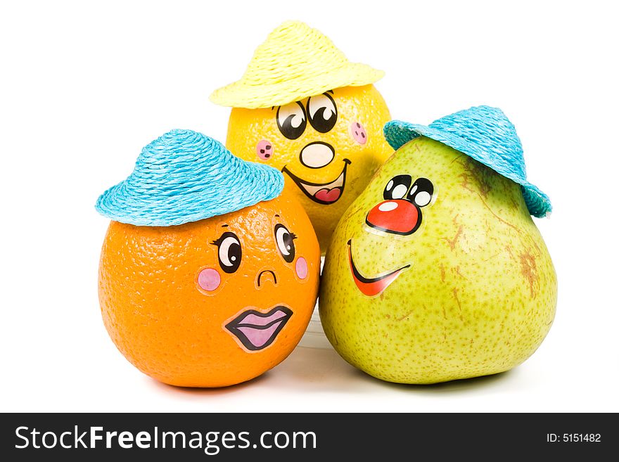 Cheerful little men from a fresh fruits isolated on a white background