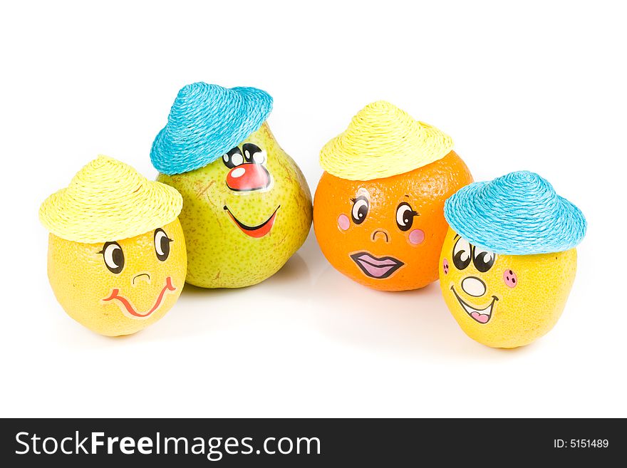 Cheerful little men from a fresh fruits isolated on a white background