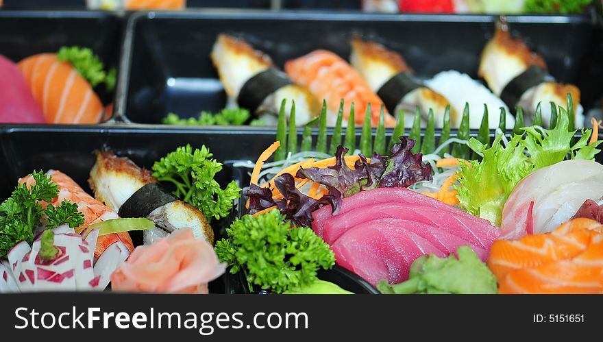 Close up colored mixed sushi