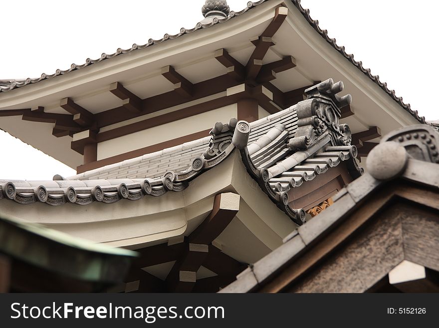 A photograph of a beautifully decorated roof of a japanese temple in Tokyo. A photograph of a beautifully decorated roof of a japanese temple in Tokyo.