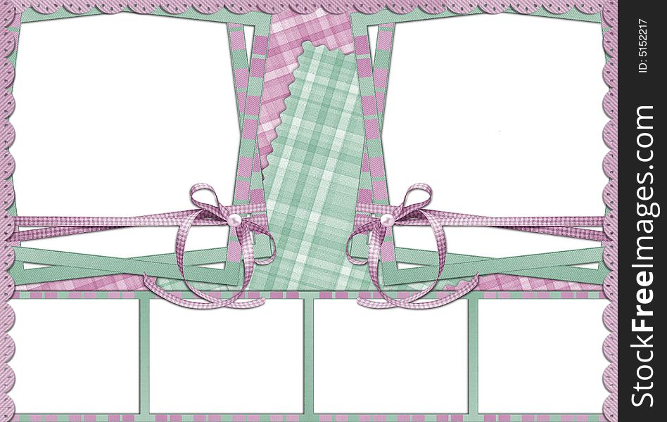 The frame for photos, Virtualscrapbooking in green, pink shades, with ribbons m border
