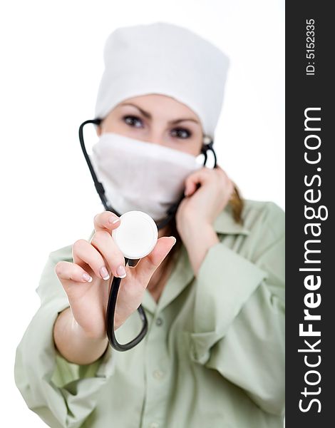 An image of a woman in white mask with stethoscope
