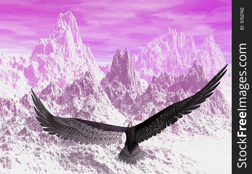 An eagle flight against white snowy mountains