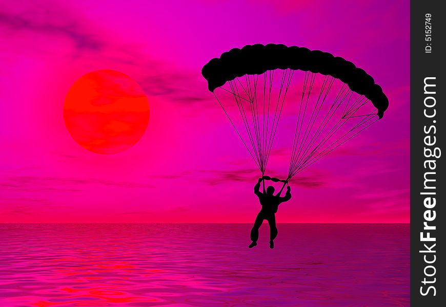 Parachutist in silhouette against a colorful sunset
