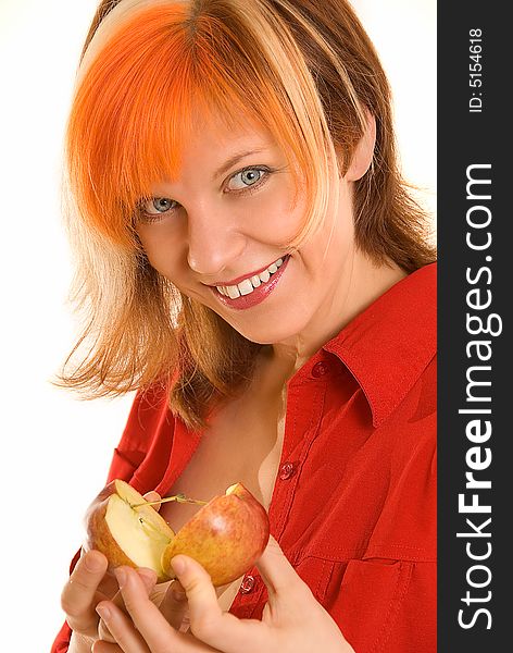 Young woman with apple on white. Young woman with apple on white