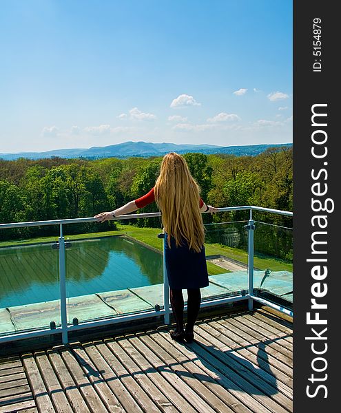 Back Of Blond Woman Contemplating High View