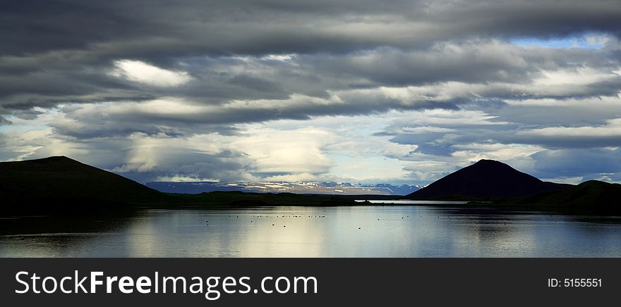 Panoramic View Of Lake Myvatn At Dusk