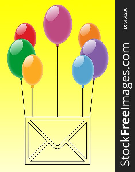 Illustration of an envelope with floating balloons. Illustration of an envelope with floating balloons