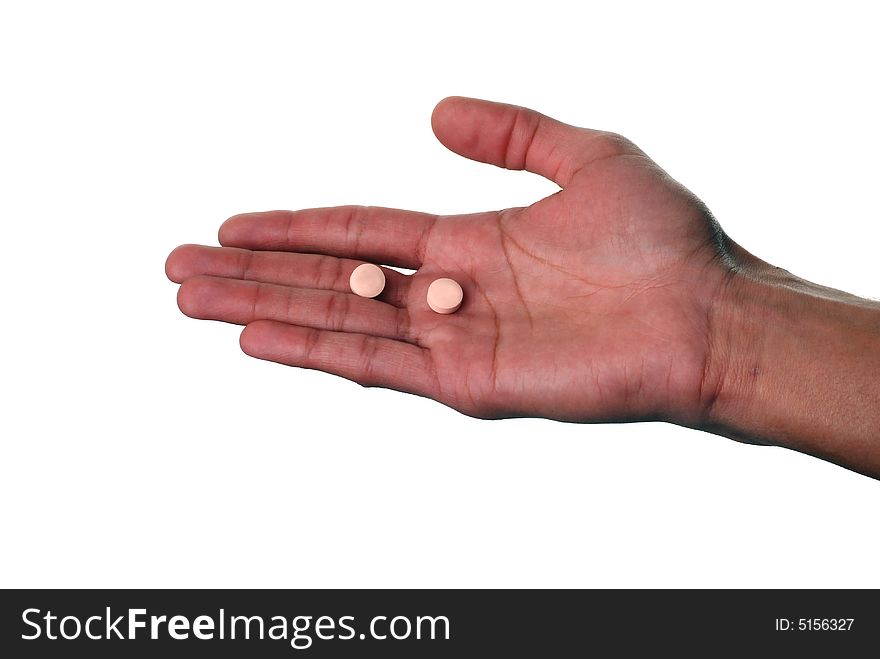 Extended hand offering two medication pills. Extended hand offering two medication pills