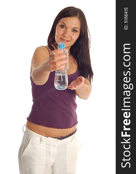 Attractive woman with water bottle on white background. Attractive woman with water bottle on white background