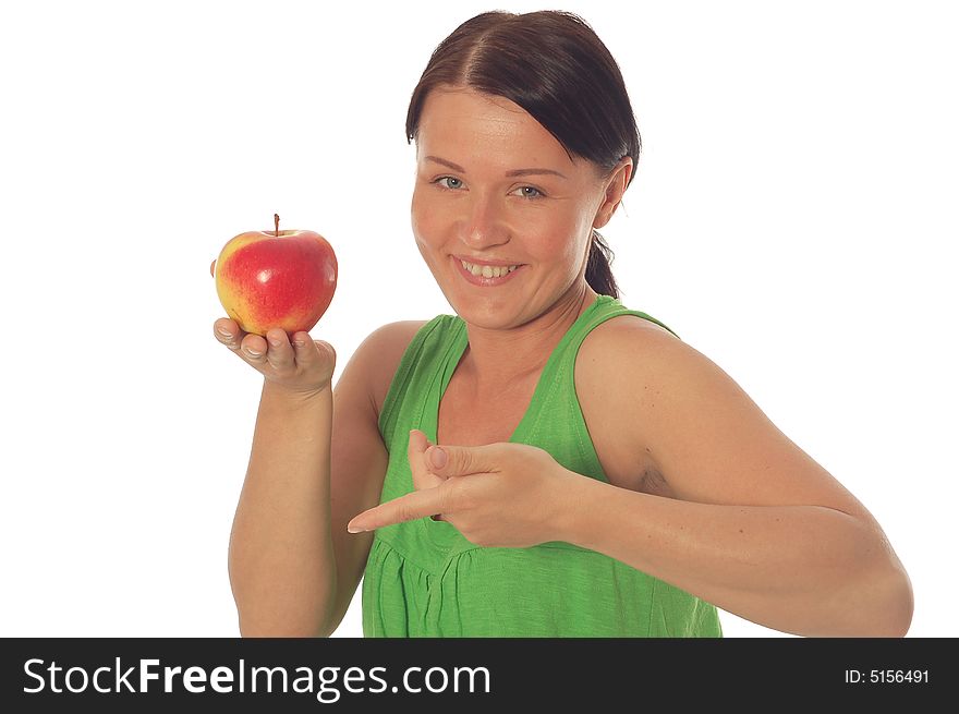 Woman with apple on white background. Woman with apple on white background