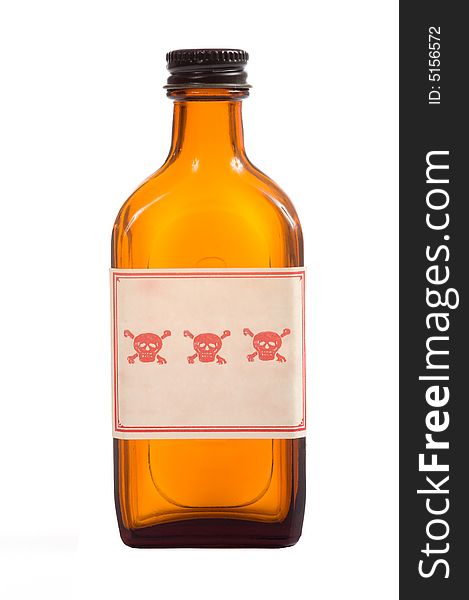An antique brown prescription bottle with poision caution and copy space on a white background