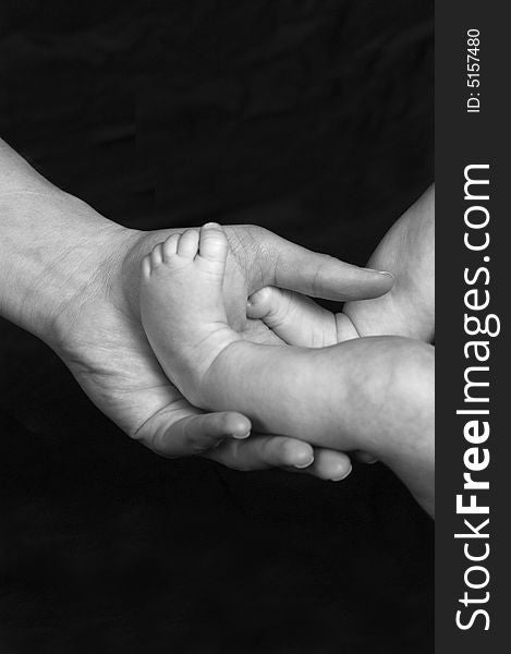 Baby's feet in mother's hand. Baby's feet in mother's hand