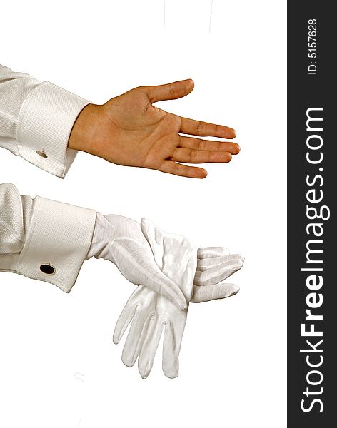 Men's hands in white gloves on a white background