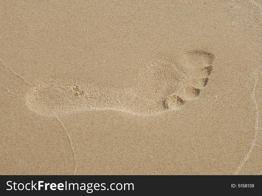 Footprint in the sand on a beach on a hot, sunny day