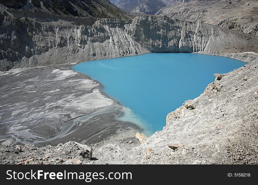 Panoramic view of blue lake in the himalayas, nepal