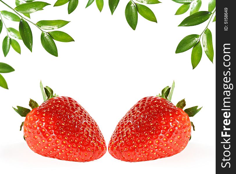Sweet red strawberries and green leaf. Sweet red strawberries and green leaf