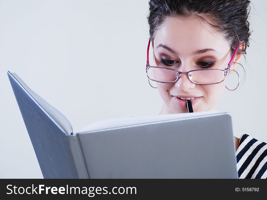 Beauty business woman in glasses at white background