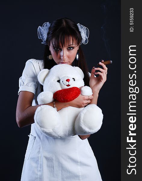 Beauty Woman With Bear And Cigar