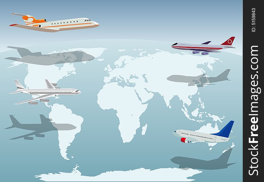 Airplanes illustration above the world map. Airplanes illustration above the world map