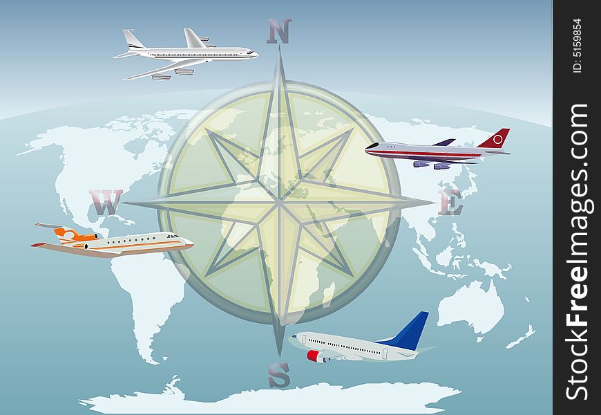 Airplanes illustration above the world map. Airplanes illustration above the world map