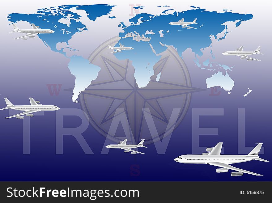 Airplanes illustration above the world map. Airplanes illustration above the world map