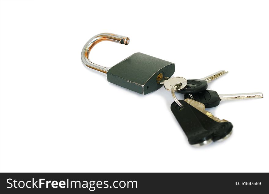 Lock with a bunch of keys on a white background