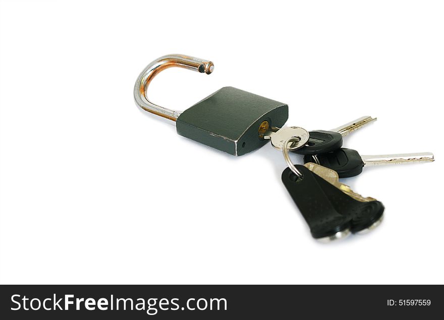 Lock With A Bunch Of Keys On A White Background