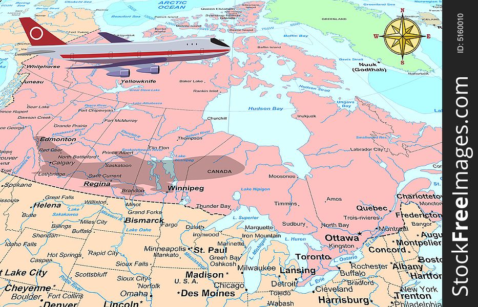 Passenger airplane illustration above Canada map. Passenger airplane illustration above Canada map