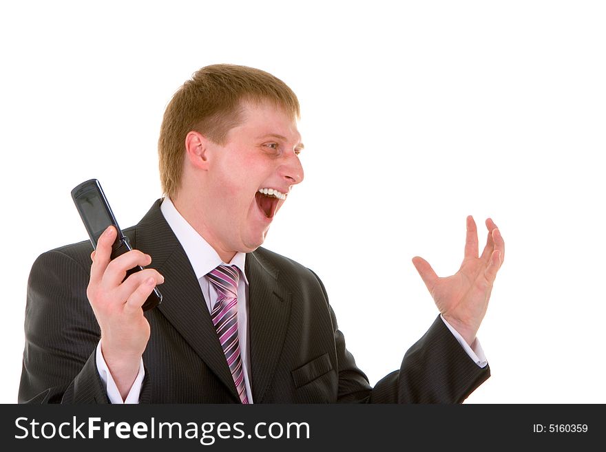 Happy businessman is pleased to a victory isolated over white background