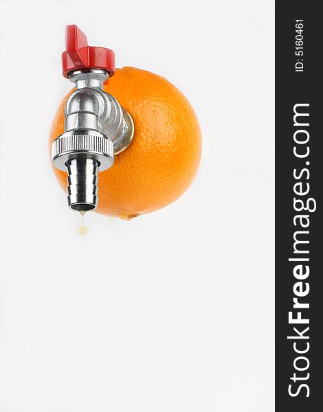 Orange with faucet and orange juice dripping from it, concept of freshness and healthy diet. Orange with faucet and orange juice dripping from it, concept of freshness and healthy diet