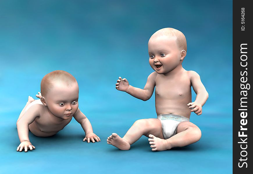 Two babies - one lying and the other one sitting on the floor and laughing.