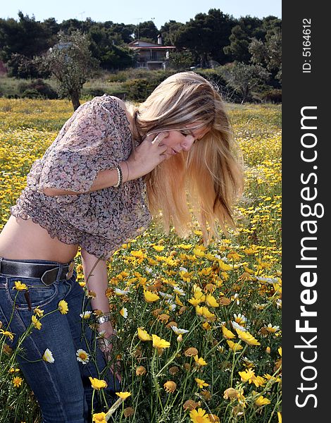 A young beautiful blonde woman in a daisy field. A young beautiful blonde woman in a daisy field