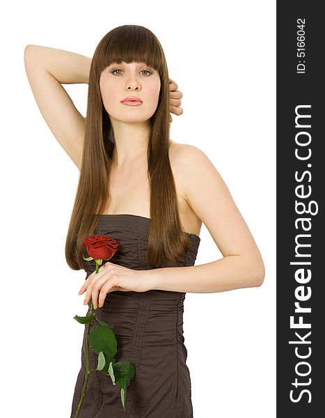 Attractive brunette with red rose