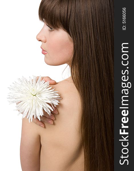 Naked Attractive Brunette With Chrysanthemum