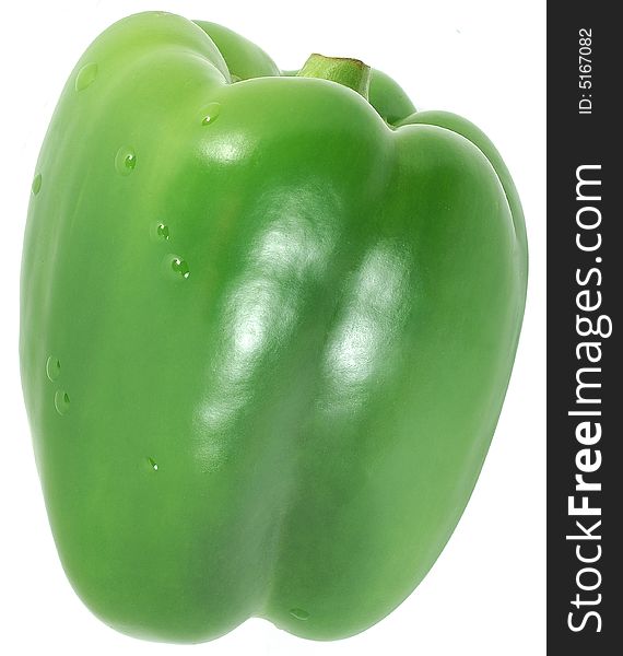 Isolated big nice green paprika with water drops against white. Isolated big nice green paprika with water drops against white