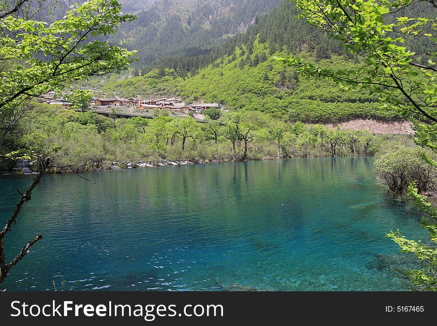 Beautiful lake in jiuzhaigou valley scene，sichuan province