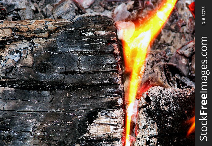 The flame burning a log and coals