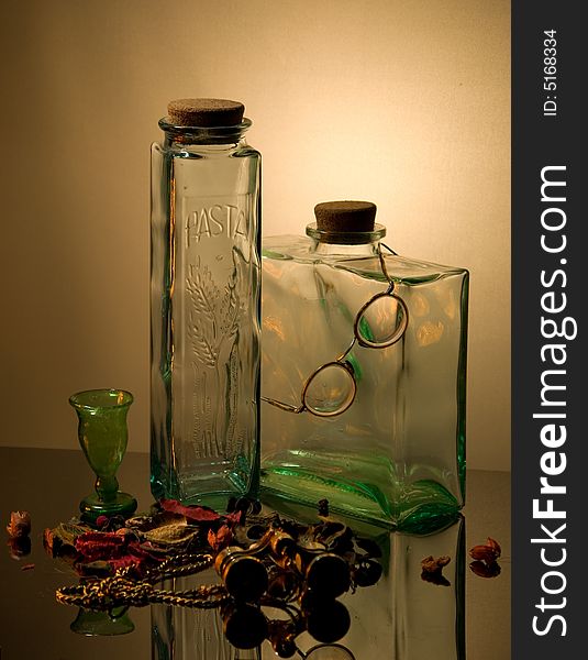 Still Life with bottles, made in the studio, used binoculars and goggles. Still Life with bottles, made in the studio, used binoculars and goggles