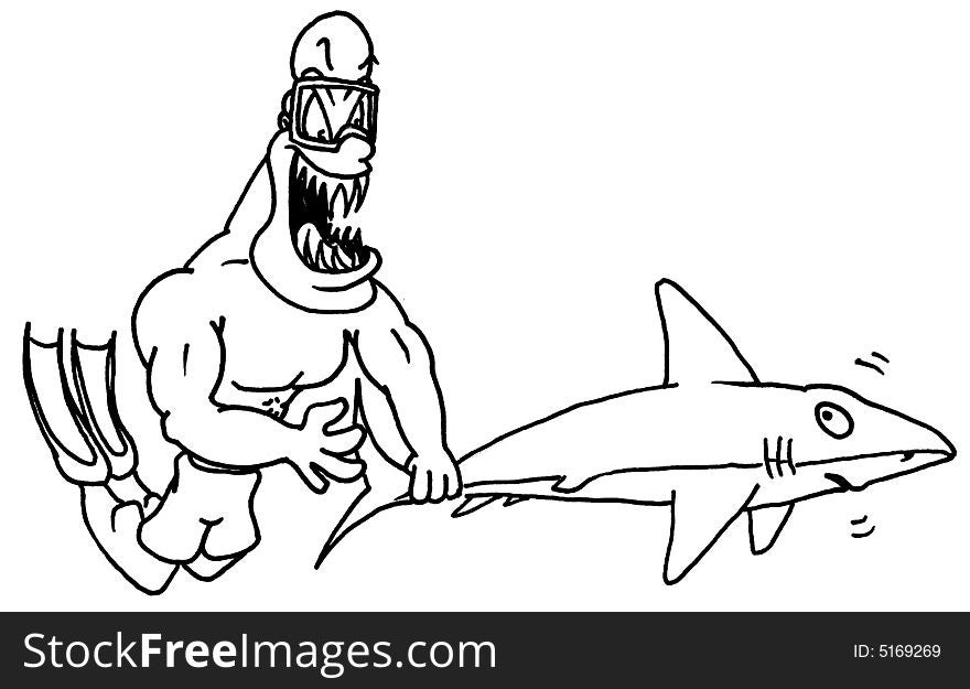 Illustration / cartoon of a muscular Skin Diver turning the tables on a shark. Illustration / cartoon of a muscular Skin Diver turning the tables on a shark.