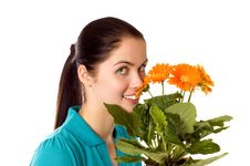 Young Smiling Woman With Gerber Flowers Royalty Free Stock Image Young Smiling Woman With Gerber Flowers Royalty Free Stock Image