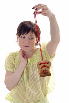 Woman With Wooden Heart On The Branch Stock Photography