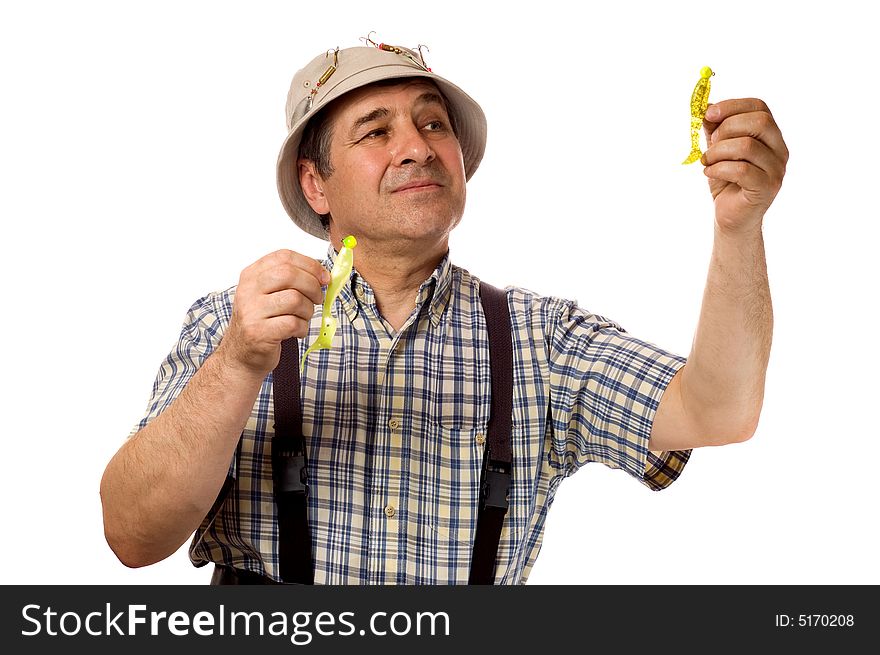 Senior fisherman choosing next bait (isolated on white)