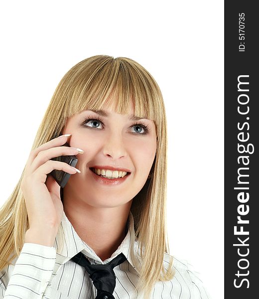 Blonde girl looking up and speaking phone