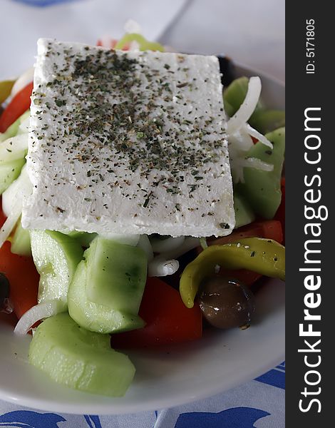 Greek salad closeup shot, food