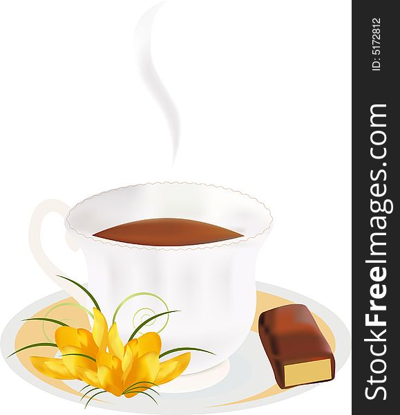 One cup with hot tea and yellow crocuses. One chocolate with a yellow stuffing. Vector illustration. One cup with hot tea and yellow crocuses. One chocolate with a yellow stuffing. Vector illustration