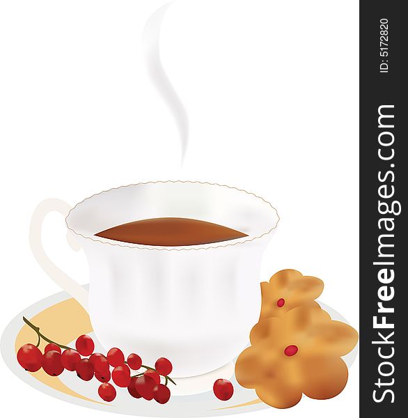 One cup with hot tea and red currant. Cake and jam. Vector illustration