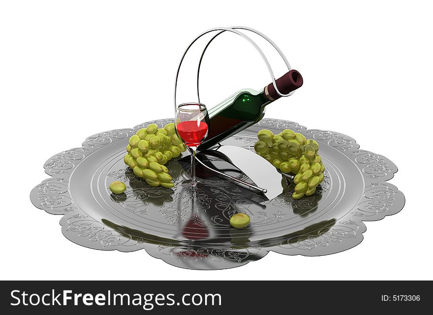 The bottle of wine, grapes, lay on silver tray. The bottle of wine, grapes, lay on silver tray